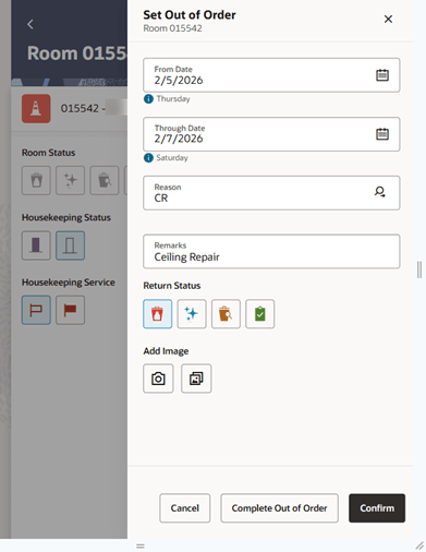 Room main screen with Set Out of Order drawer.