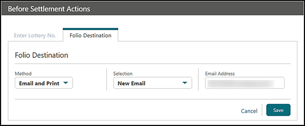The Folio Destination screen showing the Selection field.