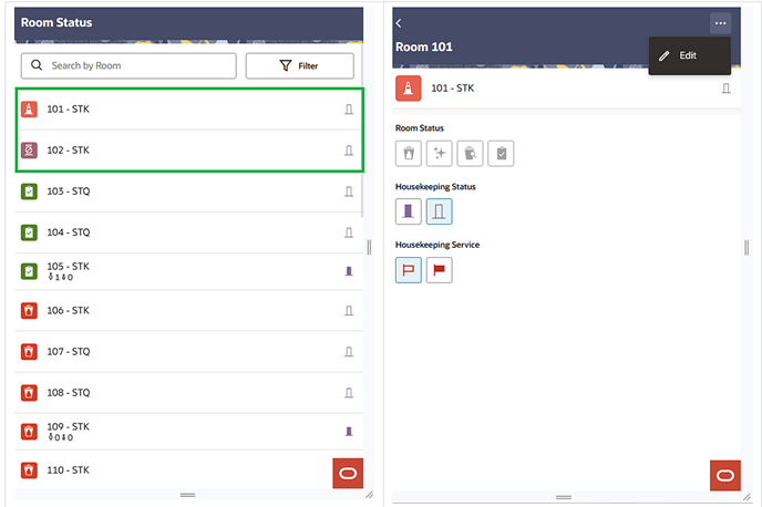 The Room Status screen and Room 101 being edited for housekeeping status and housekeeping service.