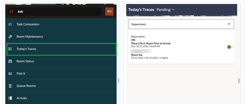 The main menu and the drawer showing Today's Traces.