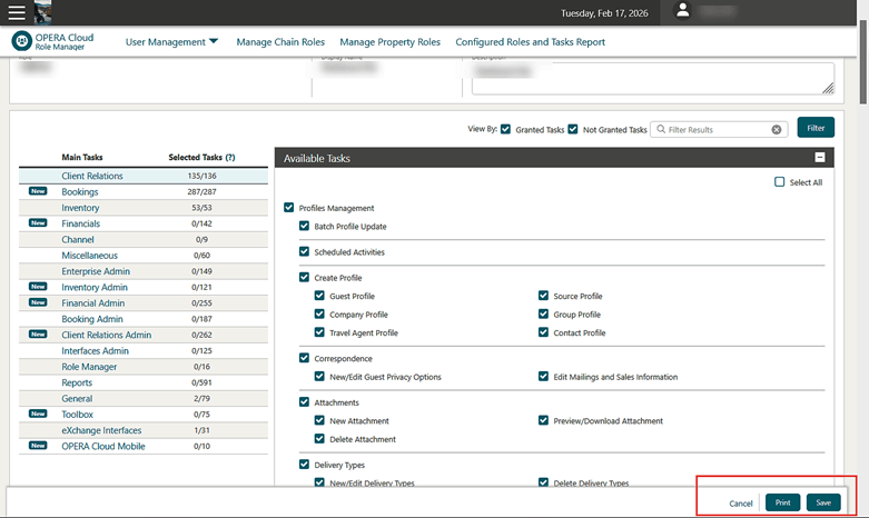 The Client Relations tasks list showing the persistent Cancel, Print, and Save buttons.
