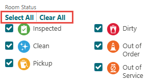 The Room Status checkboxes with Select All | Clear All action links.