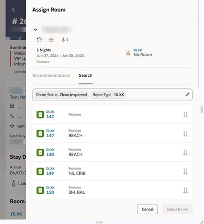 Assign Room screen showing room type and room information.