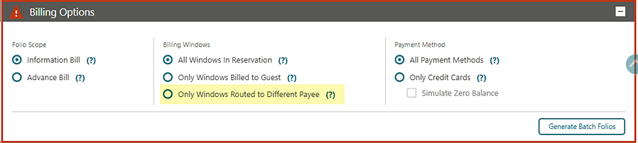 The Billing Options screen showing the 'Only Windows Routed to Different Payee' filter option.