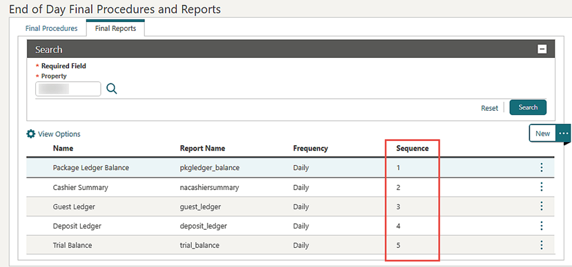 The End of Day final reports tab showing the Sequence column.