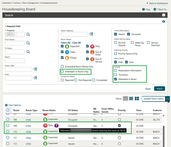 The Housekeeping Board screen showing Attendant in Room filter and broom icon in search results.