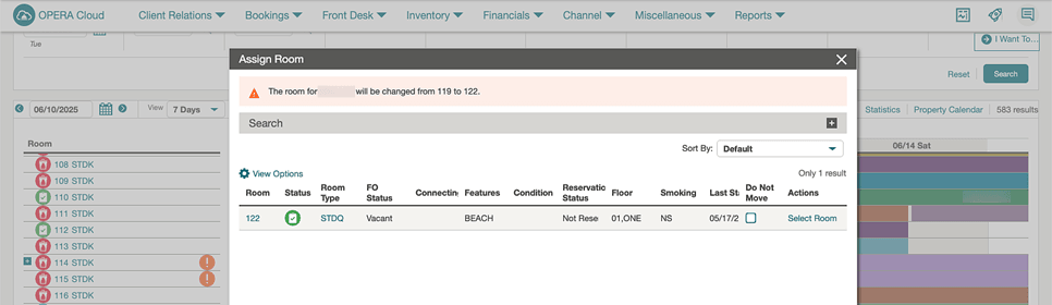 The Room Diary Assign Room popup screen showing a room reassignment.