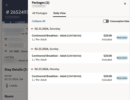 Packages Daily View screen showing packages attached to the reservation.