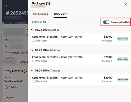 Packages Daily View screen with Consumption Date showing the packages consumption dates.