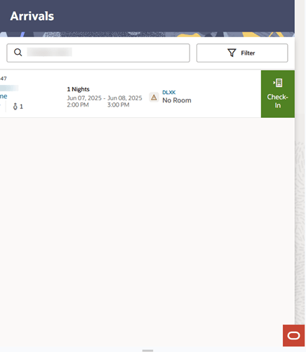An Arrivals reservation line item swiped left showing the Check-in option.