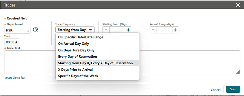 The Traces screen showing the Trace Frequency field and drop-down list options.