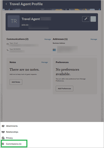 A Travel Agent Profile with the indicator showing 1 Commission.
