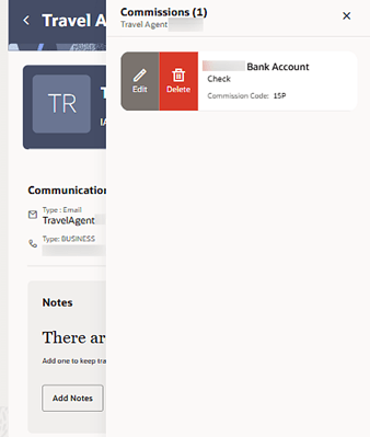 The Travel Agent profile showing the existing commission information with an option to Edit or Delete.