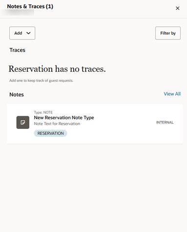 Notes & Traces screen showing Reservation has a new note, and no traces.