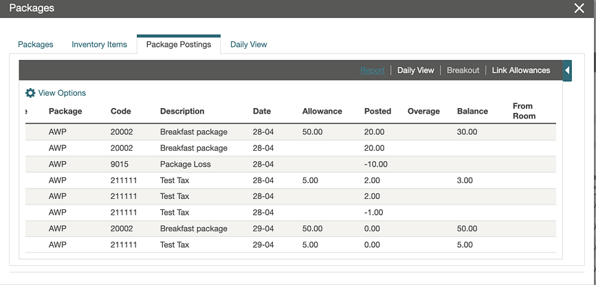 The Package Postings tab showing the Posted and Balance columns.