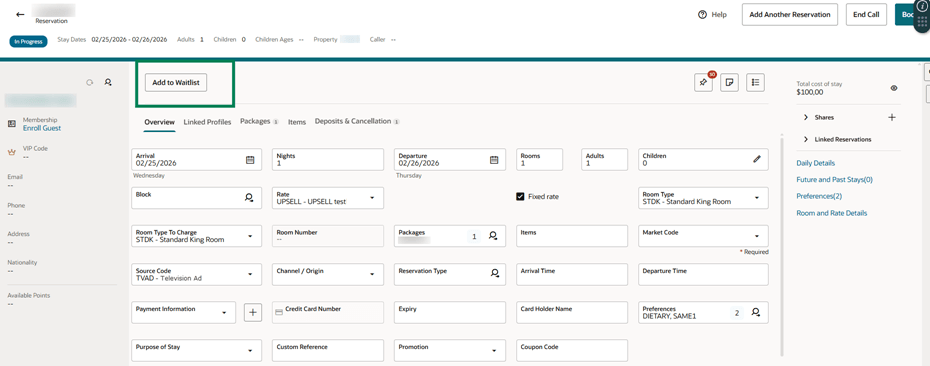 An In Progress Reservation showing the Add to Waitlist button.