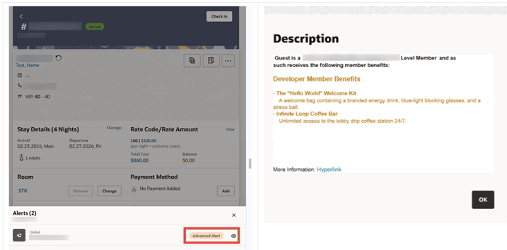Mobile PWA reservation screen showing the Advanced Alert button.