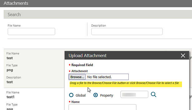 The Upload Attachment screen showing the option to drag and drop a file to attach.