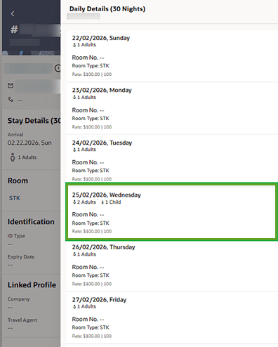 Number of adults on reservation on Wednesday changed from previous and future nights.