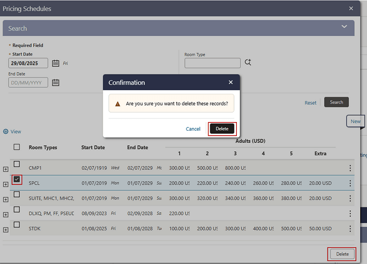Pricing Schedules screen with individual row checked and Delete button. Pricing Schedules screen with individual row checked and Delete button.
