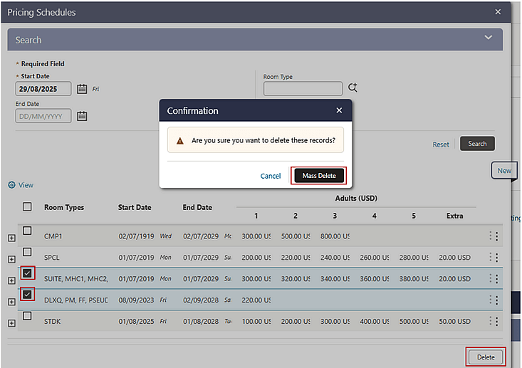 Pricing Schedules screen with multiple rows checked and Mass Delete button. Pricing Schedules screen with multiple rows checked and Mass Delete button.