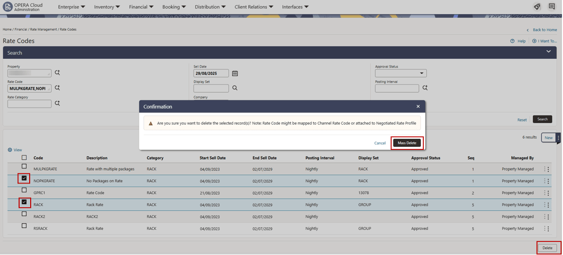 Rate Codes screen with multiple rows checked and Mass Delete button. Rate Codes screen with multiple rows checked and Mass Delete button.