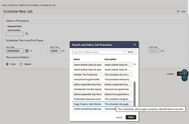 Purge Property Identification Job Procedure in Schedule New Job screen drop-down list. Purge Property Identification Job Procedure in Schedule New Job screen drop-down list.