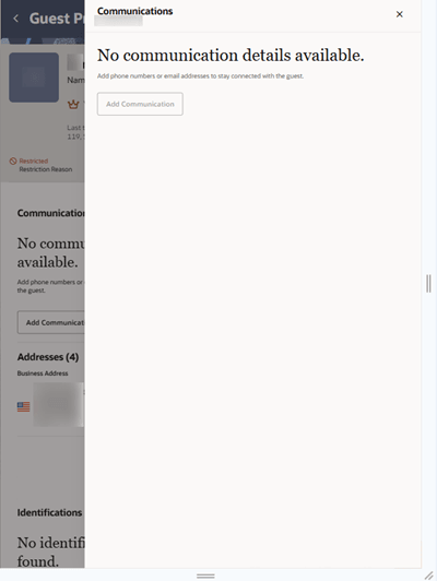 Guest protected profile Communications screen shows "No communication details available." Guest protected profile Communications screen shows "No communication details available."
