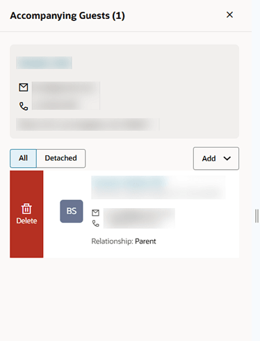 The swipe to right to delete the attached accompanying guest. The swipe to right to delete the attached accompanying guest.