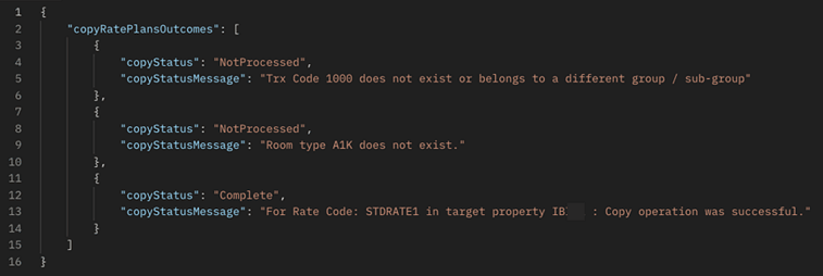 Code snippet of copyRatePlansOutcomes showing STDRATE1 copystatus complete, and the others NotProcessed. Code snippet of copyRatePlansOutcomes showing STDRATE1 copystatus complete, and the others NotProcessed.