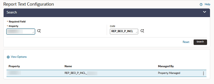 Report Text Configuration screen showing line item REP_BEO_P_INCL. Report Text Configuration screen showing line item REP_BEO_P_INCL.