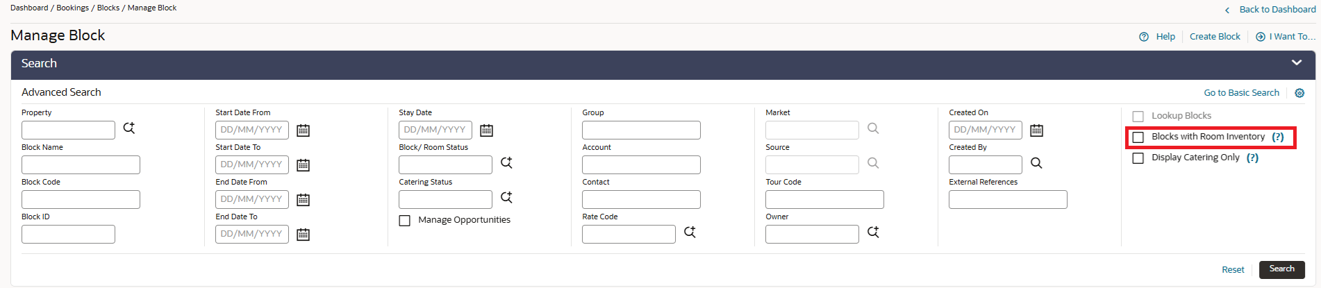 Manage Block screen with the Blocks with Room Inventory checkbox added. Manage Block screen with the Blocks with Room Inventory checkbox added.