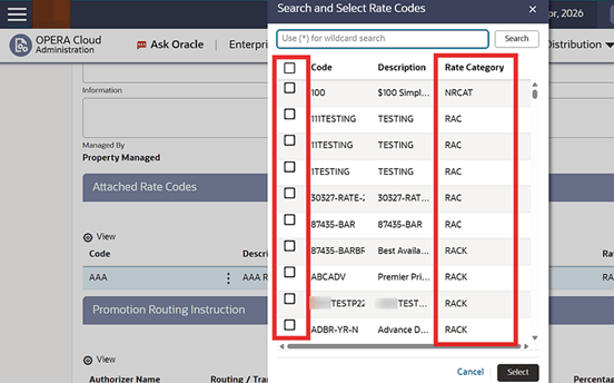 Search and Select Multiple Rate Codes screen. Search and Select Multiple Rate Codes screen.