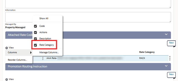 Rate Category column selection in view columns. Rate Category column selection in view columns.