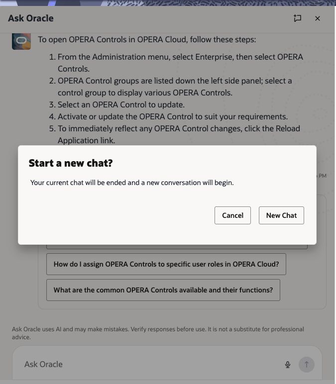Ask Oracle confirmation dialog for starting a new chat. Ask Oracle confirmation dialog for starting a new chat.