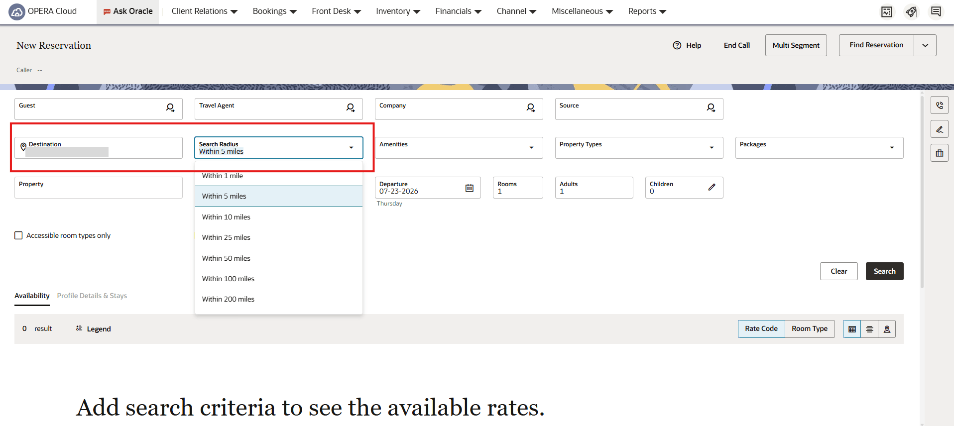New Reservation screen showing the Destination field and the Search Radius dropdown.