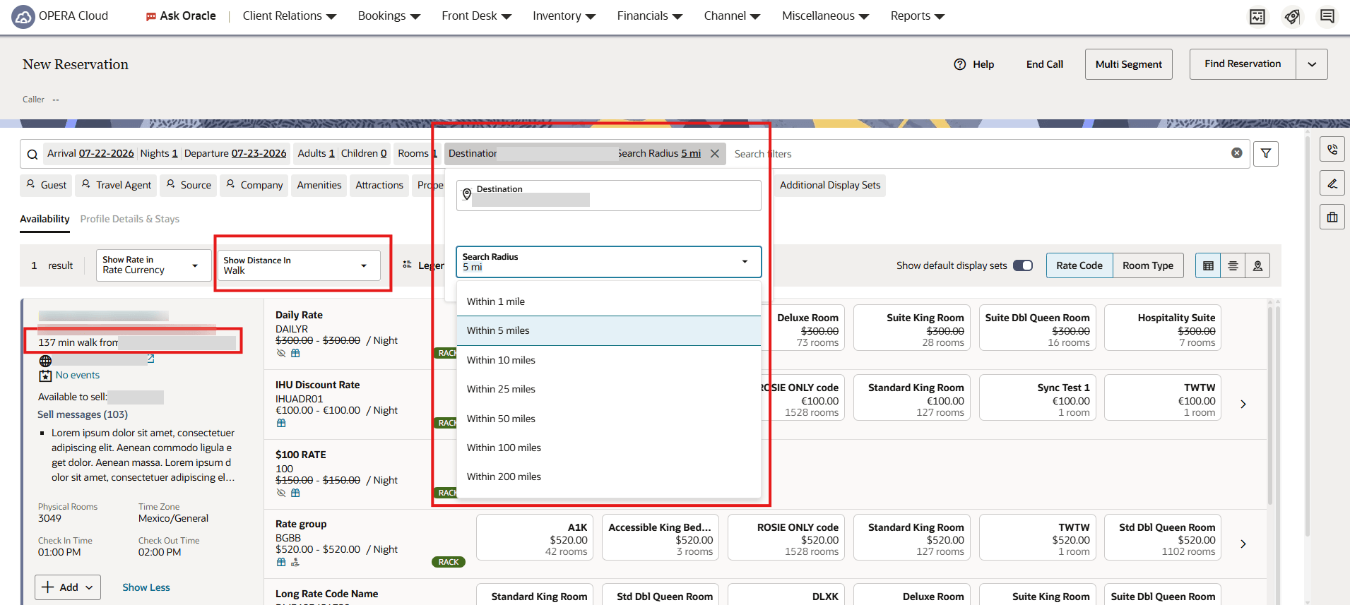 New Reservation screen showing the Distance in Walk field and the Search Radius dropdown.