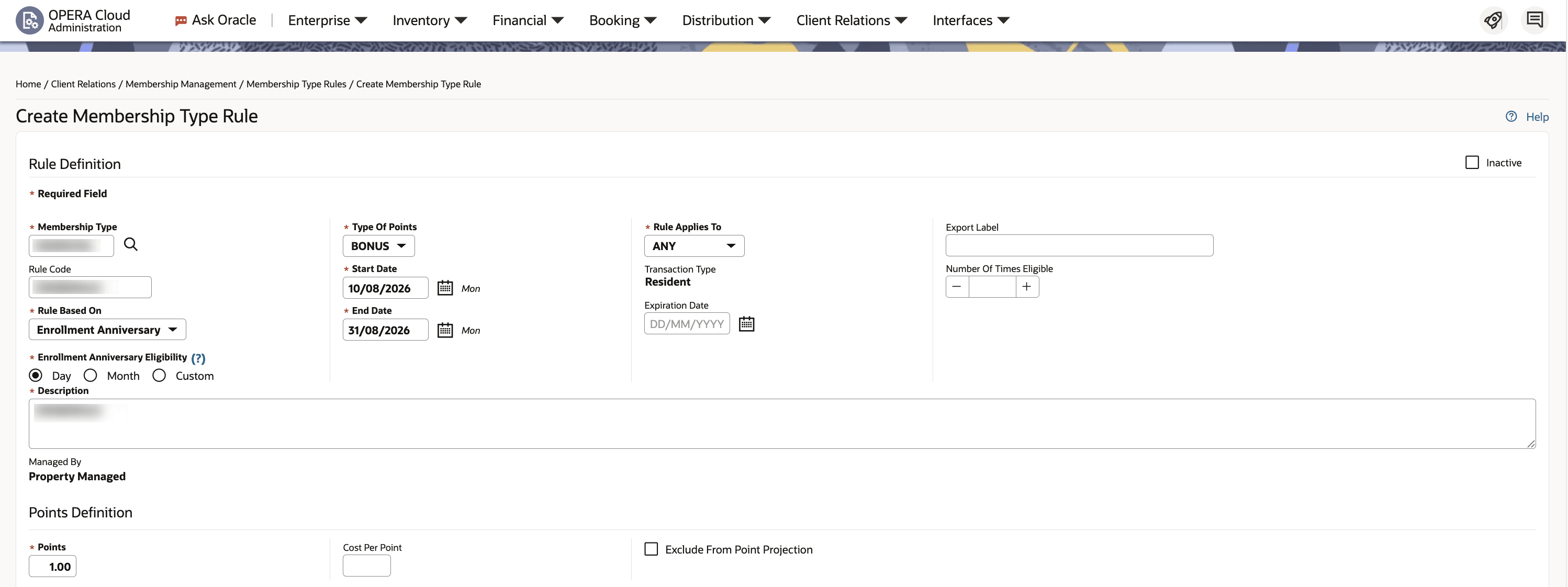 Membership Points Calculation Updated screen.