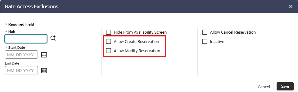 Rate Access Exclusions Updated screen.
