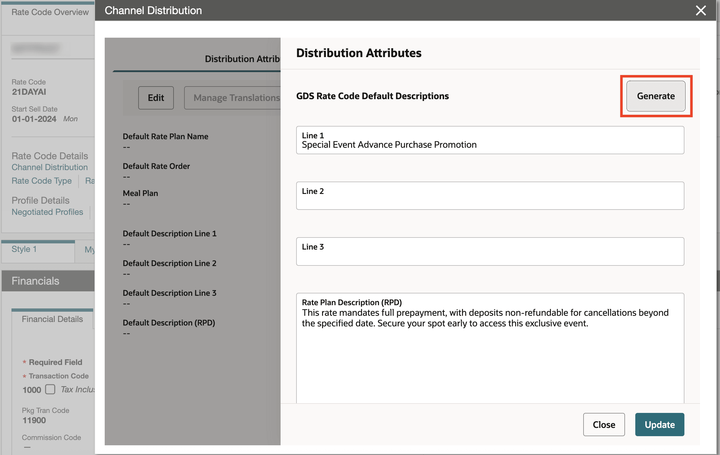 AI Channel Rate Description Assistant OPERA Control Added screen.
