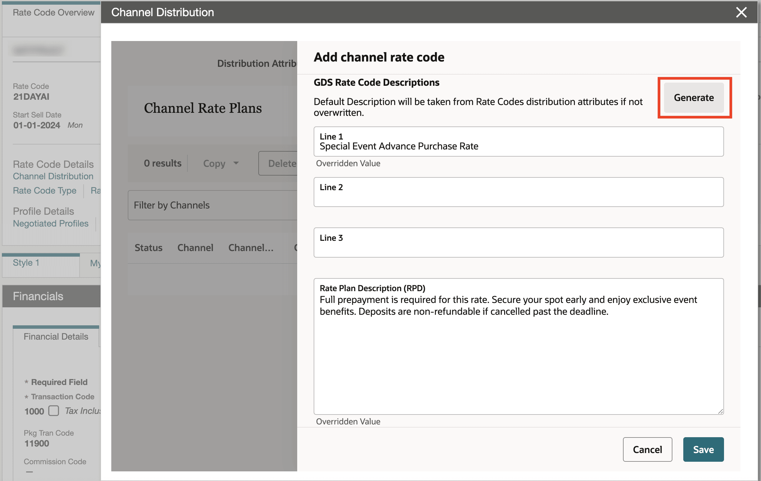 AI Channel Rate Description Assistant OPERA Control Added screen.