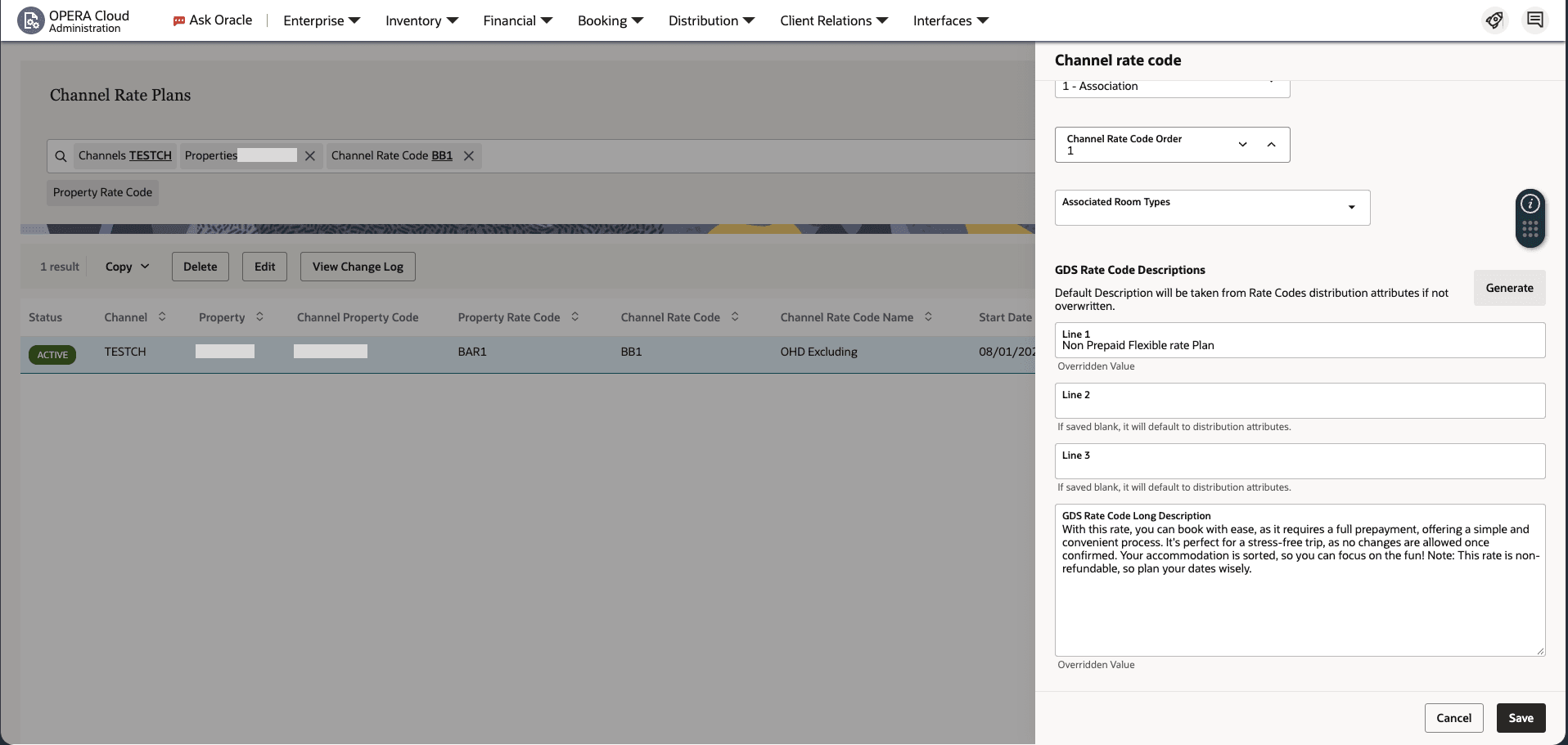 AI Channel Rate Description Assistant OPERA Control Added screen.