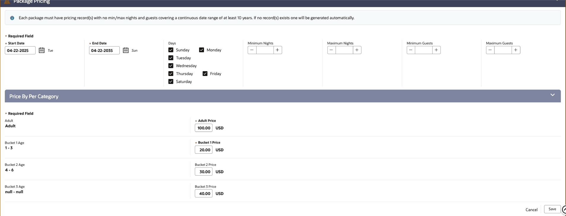 Price by Age Category calculation rule for Packages Added screen.
