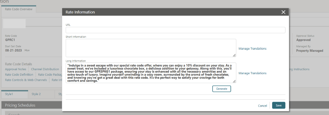 AI Assistant Added to Rate Code Long Information screen.