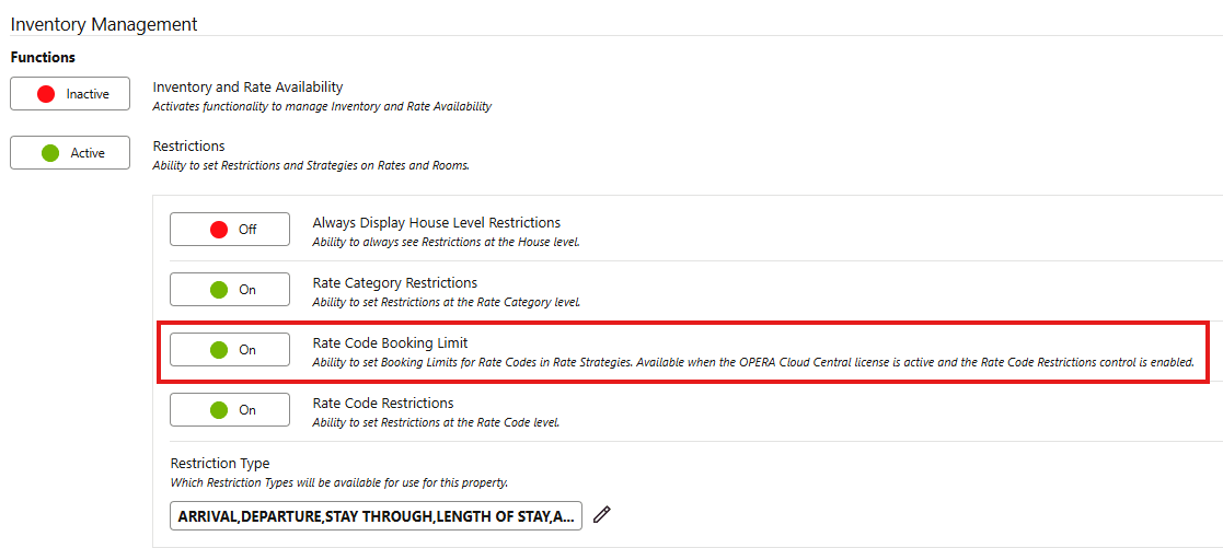 Rate Code Booking Limit OPERA Control Added screen.