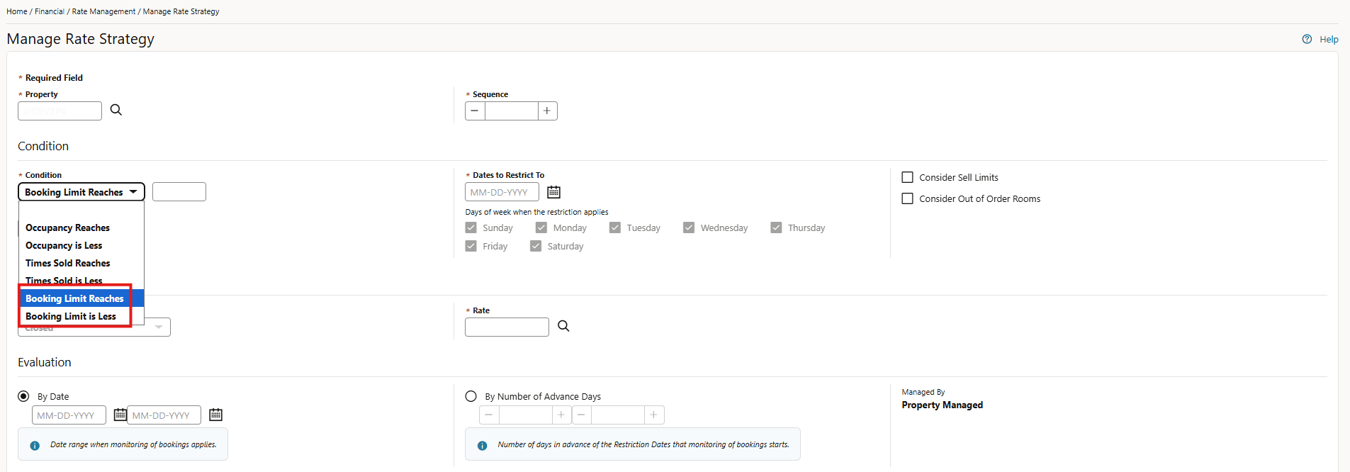 Rate Code Booking Limit OPERA Control Added screen.