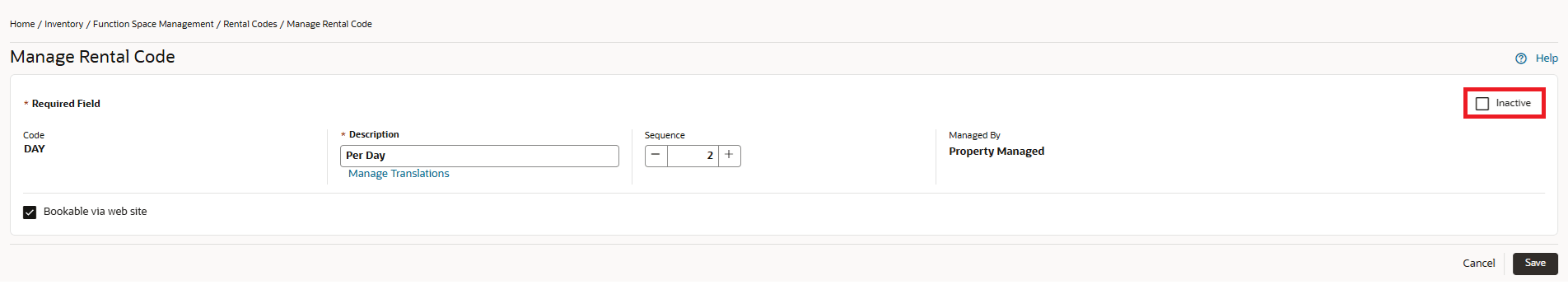 Inactive Check Box Added to Rental Code Configuration screen.