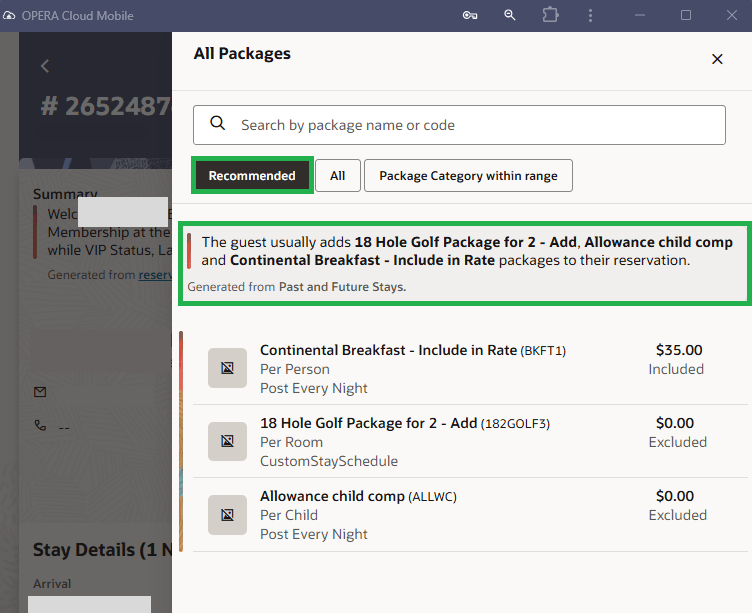 AI Booking Suggestions OPERA Control Added screen.