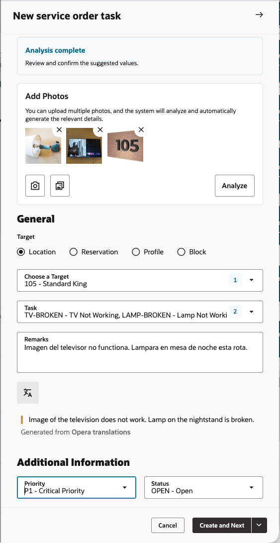 New Service Order task analysis, suggestions, remark translated.