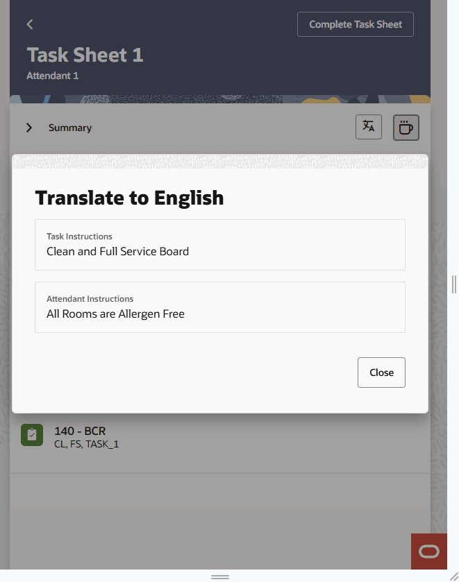Translated Housekeeping Attendant Notes added to Task Companion screen.